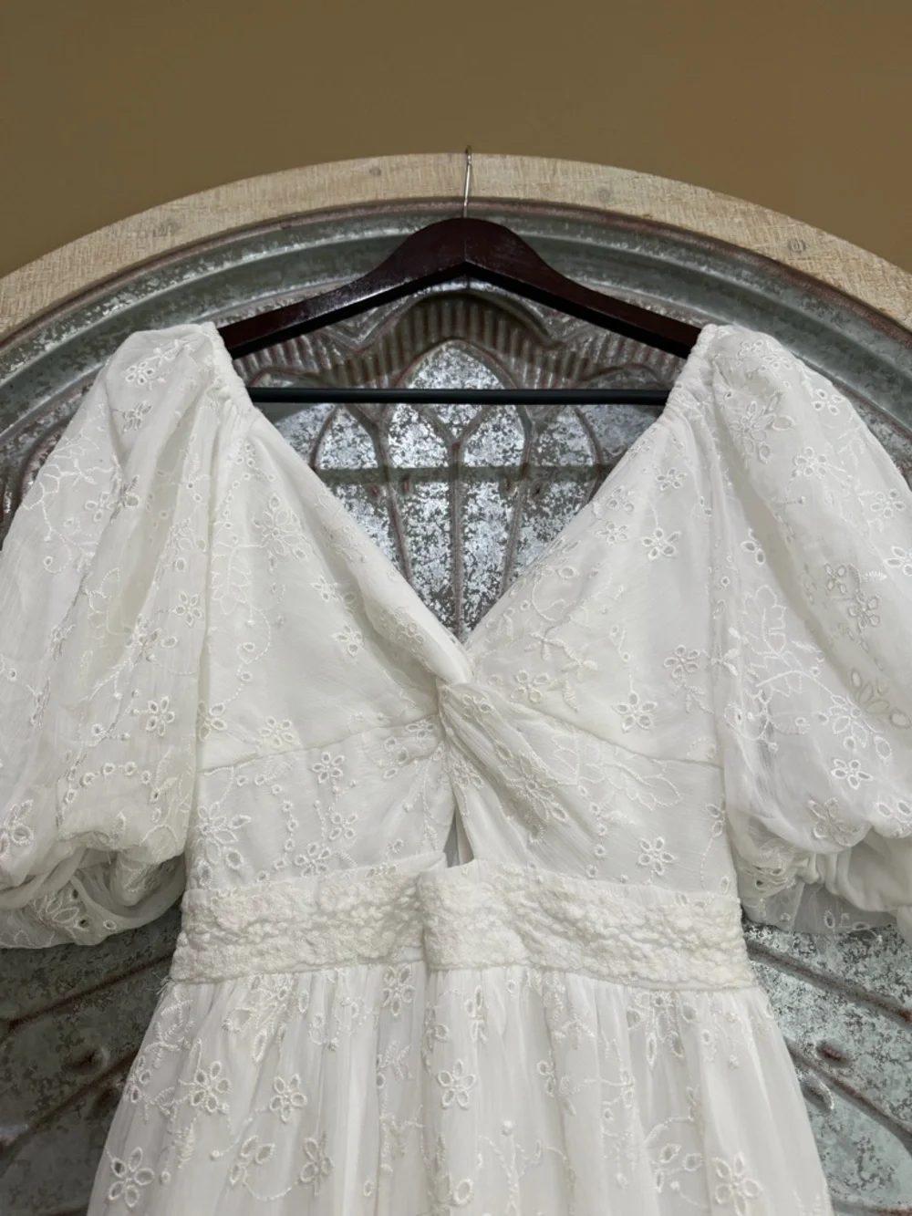 NWT Altar'd State White Eyelet Maxi Dress with Twist Front and Puff Sleeves - Picture 6 of 9
